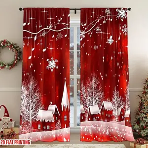 2Pcs Christmas village snowflake music notes curtains, digital printing, light filtering, privacy protection, for living rooms, bedrooms, home decor