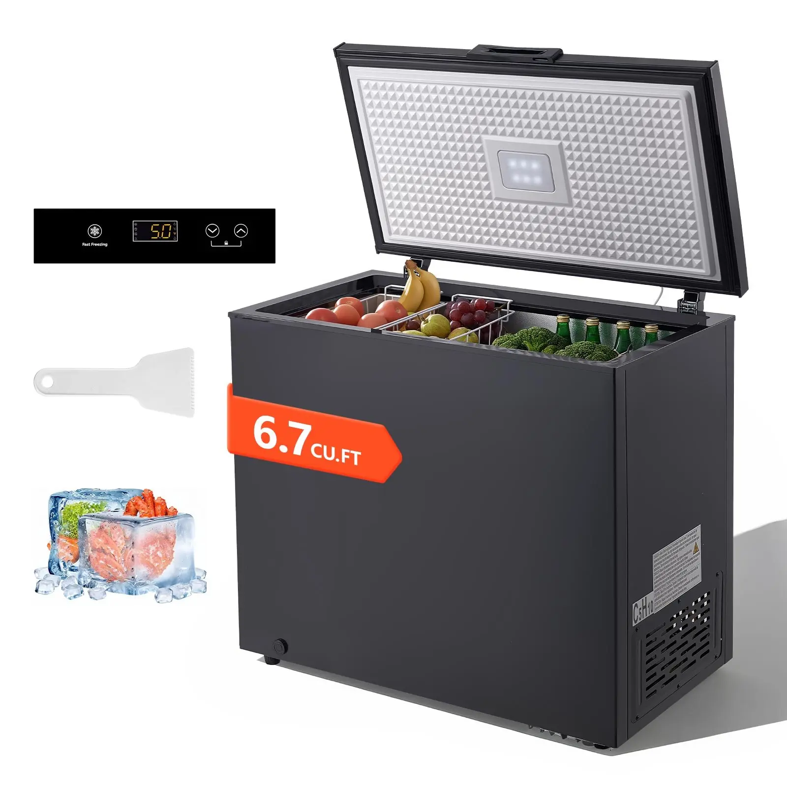 【toolupgrade】VEVOR 6.7 Cu. ft Compact Chest Freezer, Freestanding Top-Open Door Unit with 2 Removable Baskets, Adjustable Temp, Energy-Saving, Low-Noise, Garage Ready for Garage Users, Black