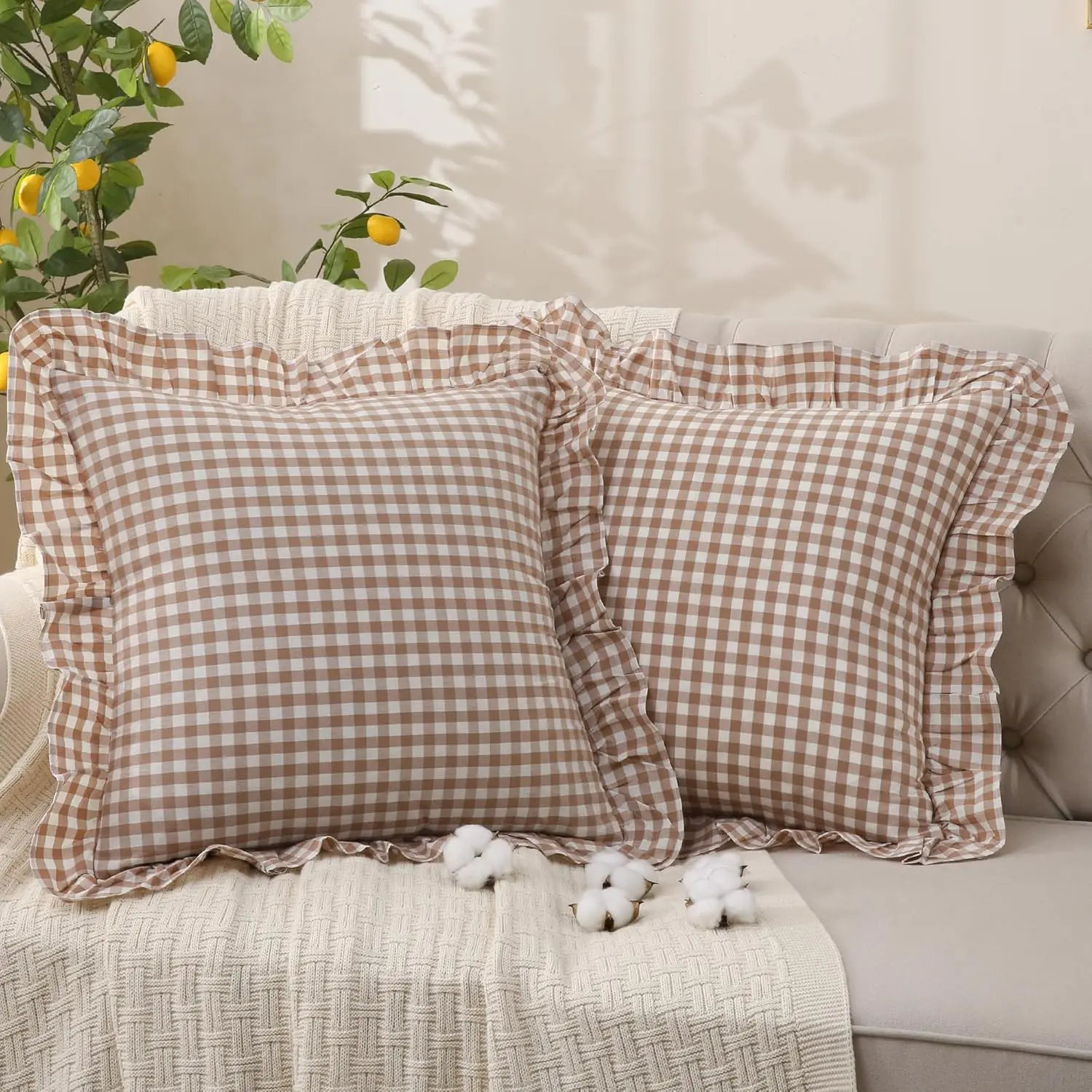 2-Pack 20x20 In Ruffled Edge Gingham Throw Pillow Covers, 100% Washed Cotton Linen-Feel Soft Comfy, Zipper Closure Farmhouse Fall Decor for Couch Sofa Bed