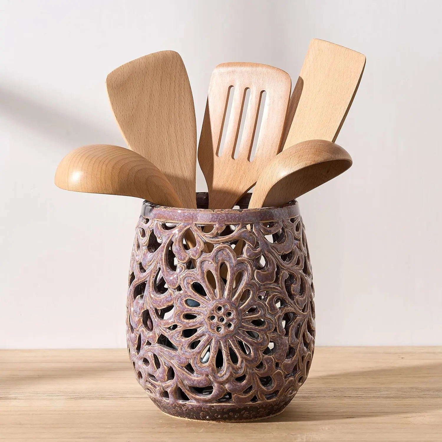 Kitchen Utensil Holder for Kitchen Counter, Ceramic Large Cooking Utensil Crock with Cork Mat, Countertop Cooking Tool Spatula Organizer,  Antique Design