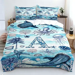 2/3pcs Ocean Theme Duvet Cover Set, Personalized Letter Print Bedding Set, Soft Microfiber Sea Animal Quilt Cover With Pillowcases, 1 Duvet Cover And 1/2 Unfilled Pillowcases/Zip Closure,Suitable For Children'S, Teenagers' And Adults' Bedroom Decor.