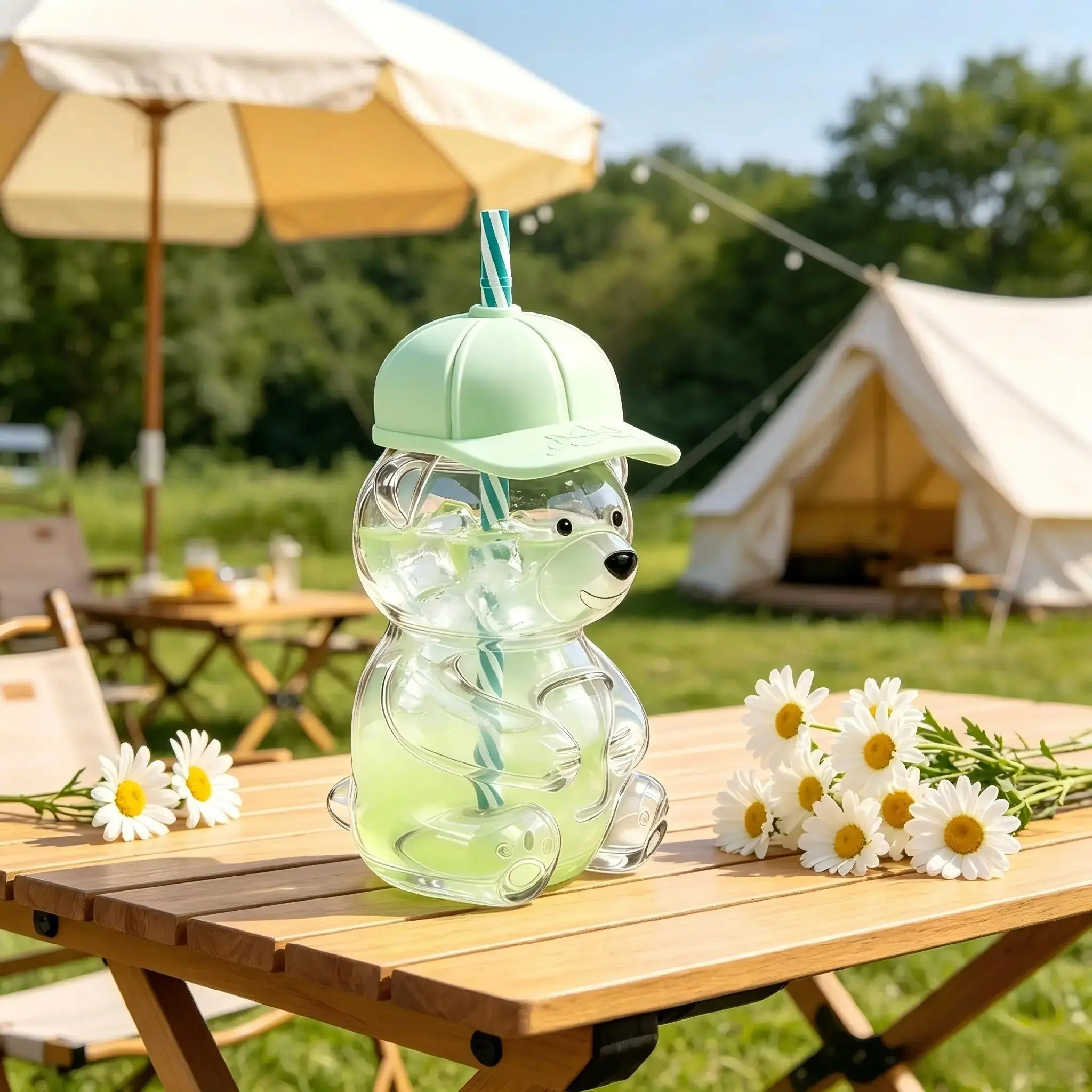 Cute Bear Glass Straw Cup with Lid, Cartoon Water Bottle, Holiday Gift, Christmas Gift, Summer Gift Cup, Fun and Practical Design