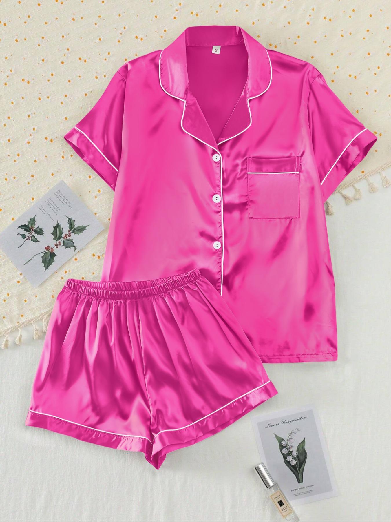【Valentine's Day】Two-piece Set Women's Shirt & Shorts Satin Pajama, Ladies Summer Sleepwear