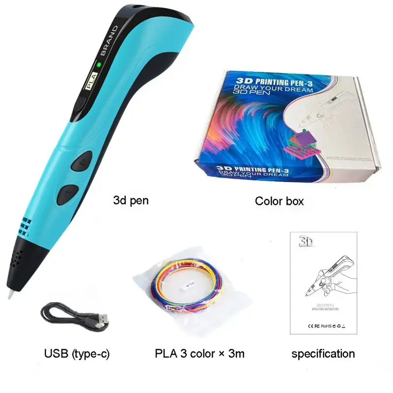 3D Printing Pen Beginner Kit, Office 3D Printing Supplies with LED Temperature Display, Digital Temp Control, Type-C Power, 3 PLA Colors, Template Book, Project Guide, Adjustable Safe Creation Settings
