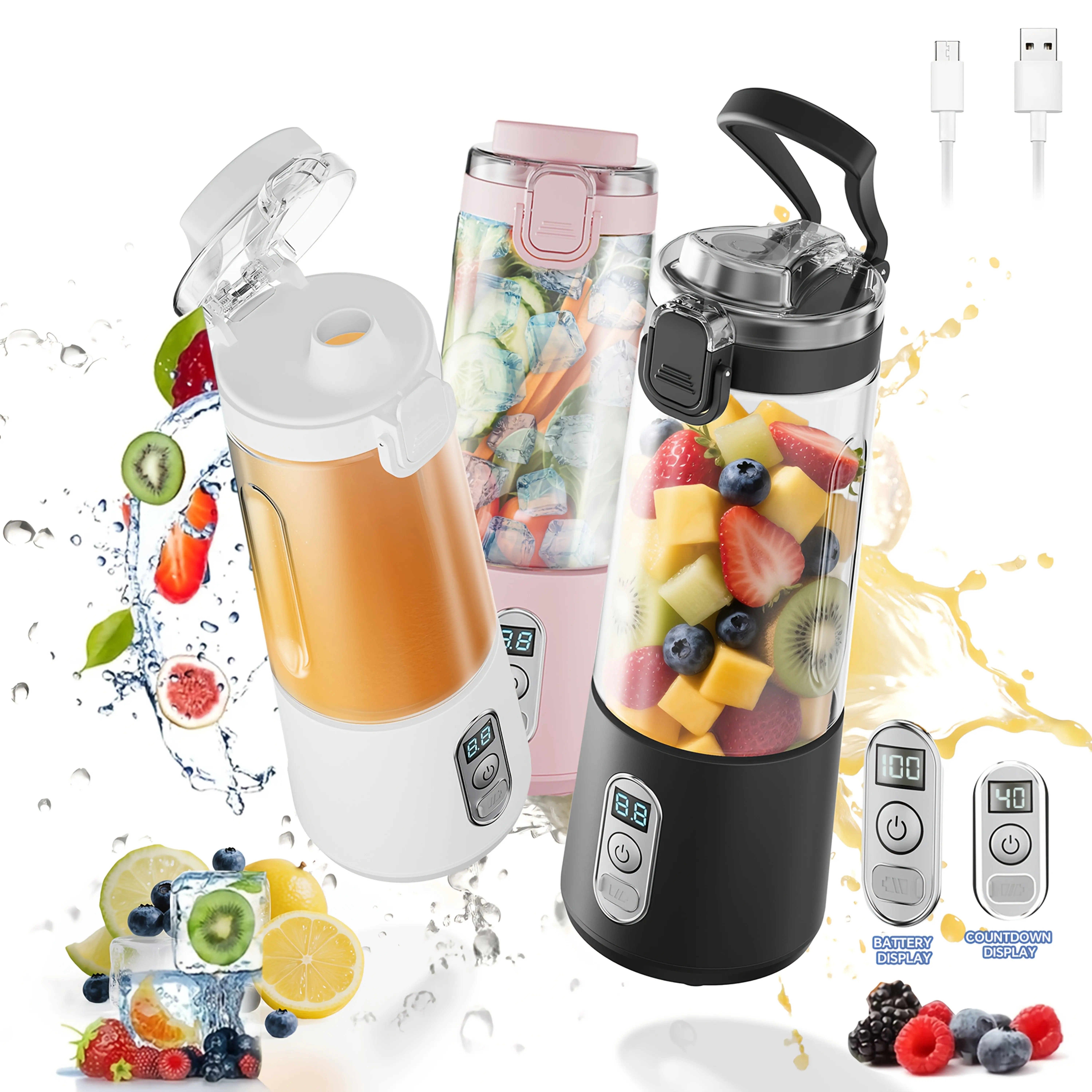 USB Rechargeable Personal Cool Smoothie Blender - Digital Timer Display, 10-Cup Sport Juicing Bottle, 1-Tap Lid, Portable Mini Mixer Grinder for Summer Shakes, Frozen Blending (Home & Party Supply Gift)