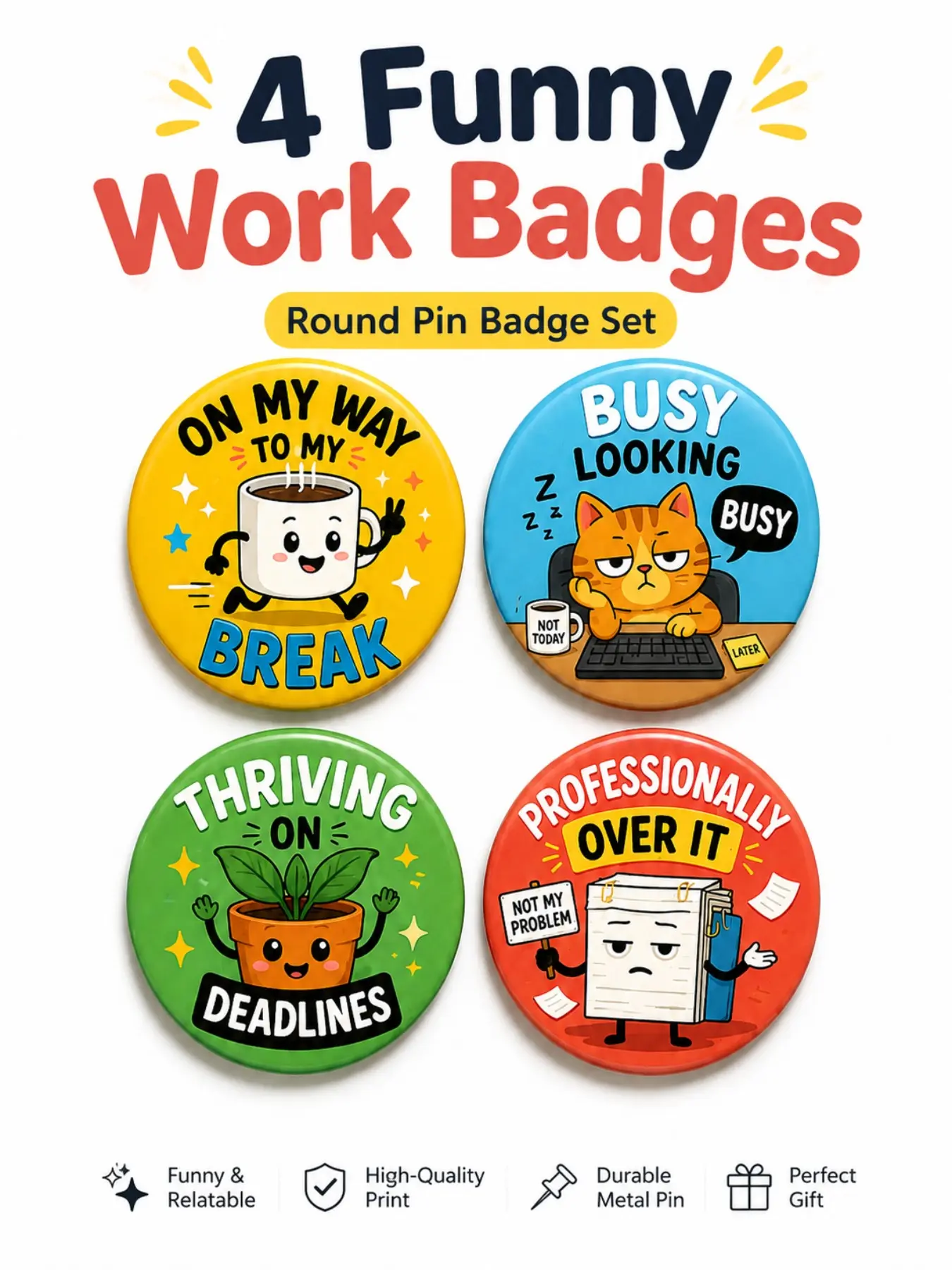 4pcs Funny Office Work Mood Pins, Cartoon Designs, Cute Backpack Jacket Hat Accessories, Coworker Gift for Adults, All Seasons