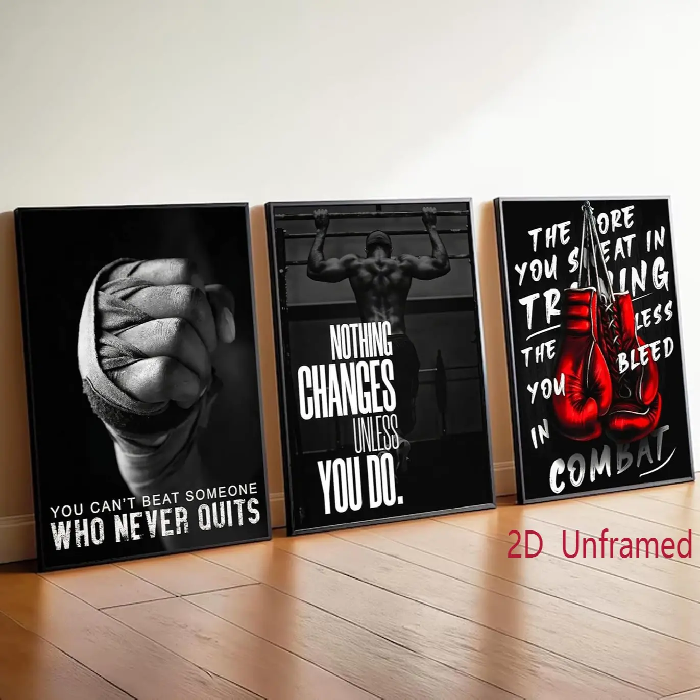 3-Piece Set Frameless Boxing-Themed Artistic Canvas Wall Art Boxing Gloves & Fitness Motivational Quotes Black-and-White Sports Poster Picture Image Prints Home Decor for Teen Rooms, Dorm Rooms, Gyms, and Living Rooms