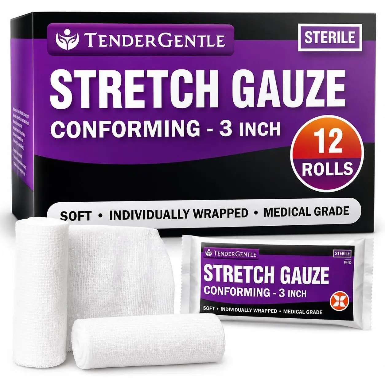 Conforming Stretch Gauze Rolls 3 Inch - Pack of 12 White Sterile Gauze Wrap for Wounds - Good for Sprained Ankles, Wrists, and More