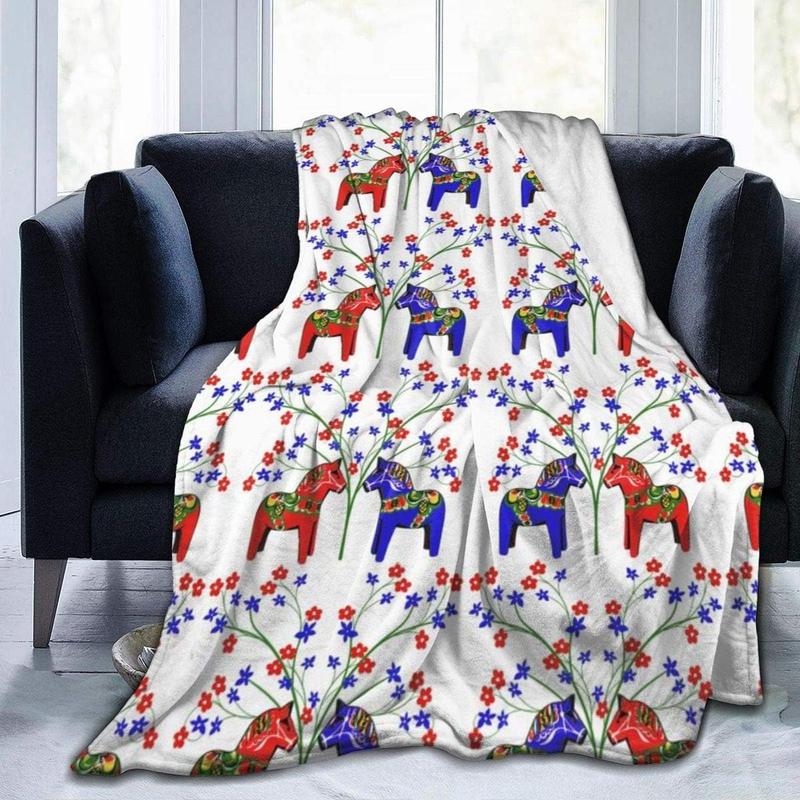 Comfy Soft Floral Swedish Dala Horses Throw Blanket,  Flannel Home Blanket Wearable Blanket, Queen Size Blankets for Bedroom Living Rooms Sofa Couch, 40"x50"