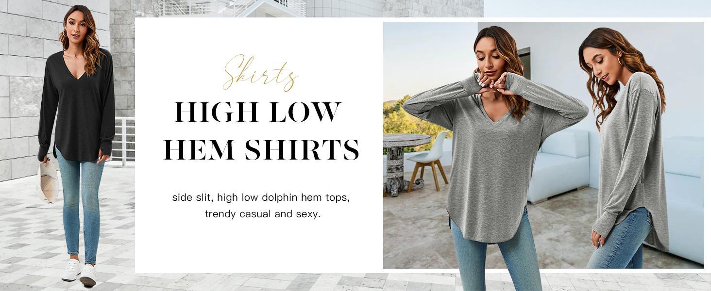 Imily Bela Womens Deep V Neck Tunic Tops Long Sleeve Oversized Casual Loose Fit Curved Hem T Shirts