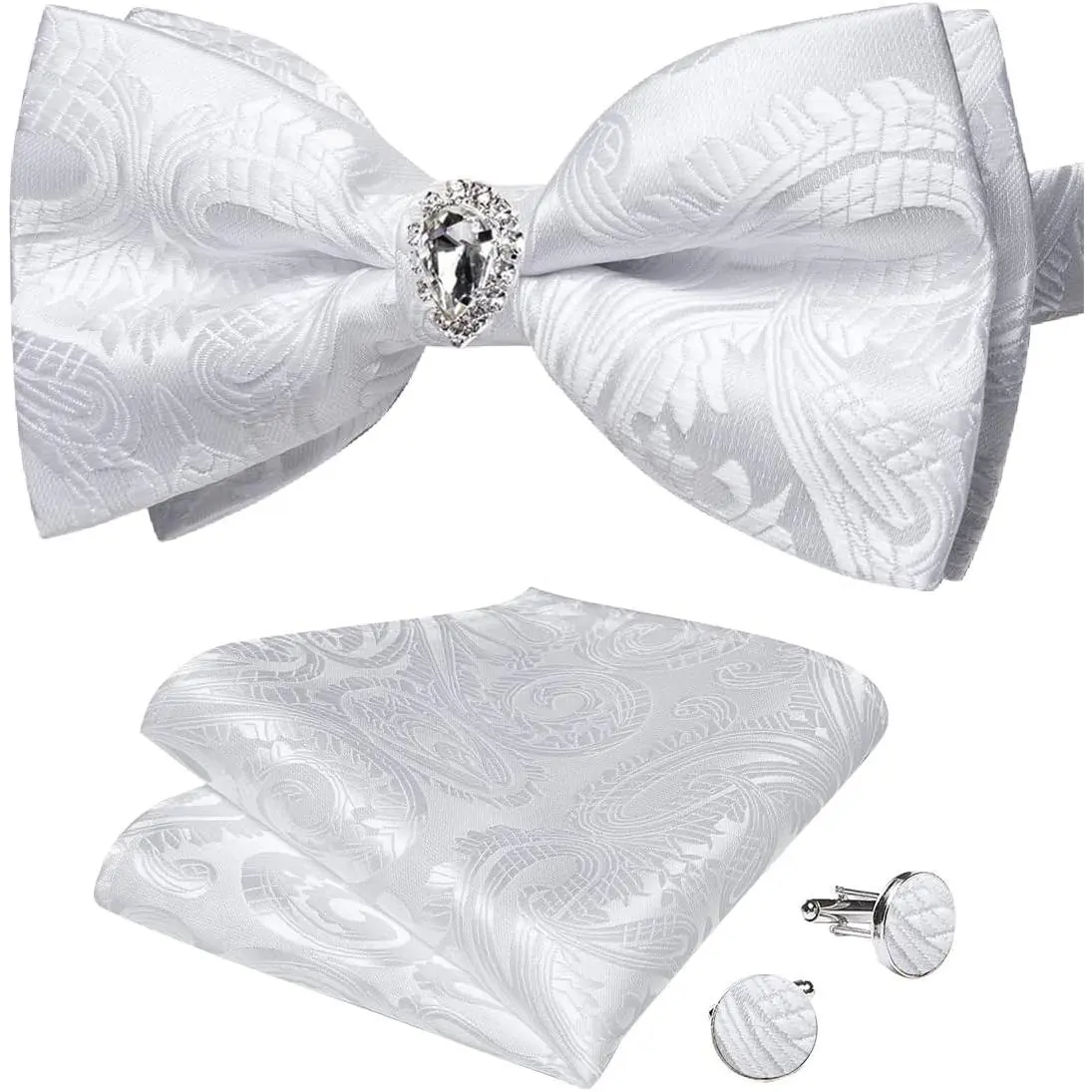 Men's Silk Floral Pre-Tied Bow Tie Set - Silk Fabric, Includes Pocket Square & Cufflinks, Ideal for Weddings & Parties (Fashion Accessory)