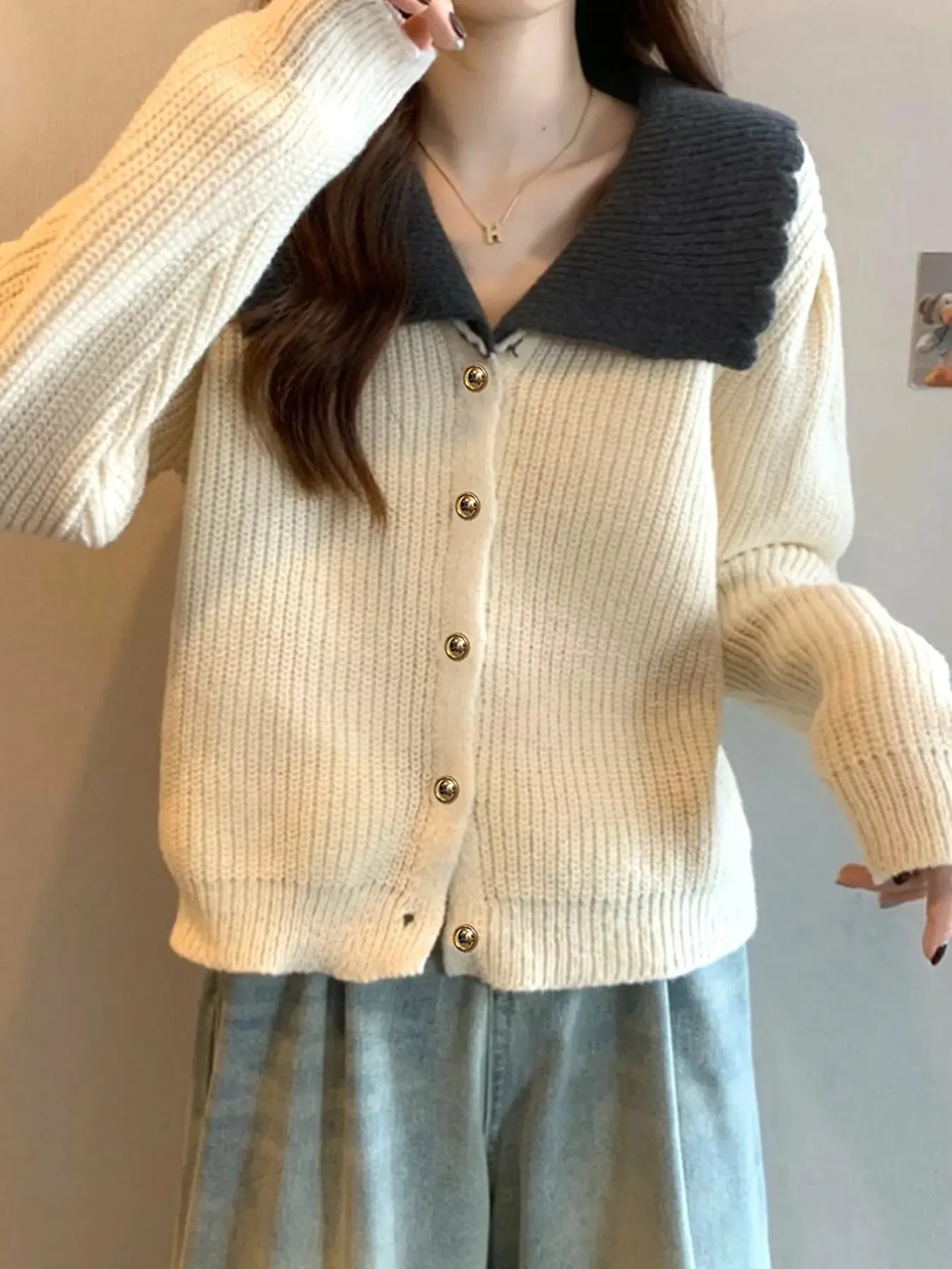 New Fashion Korean Style Collared Long Sleeve Colorblock Women's Knit Sweater Cardigan, Casual Versatile Women's Knit Top, Office Commute Lazy Look, Date Night Dressing