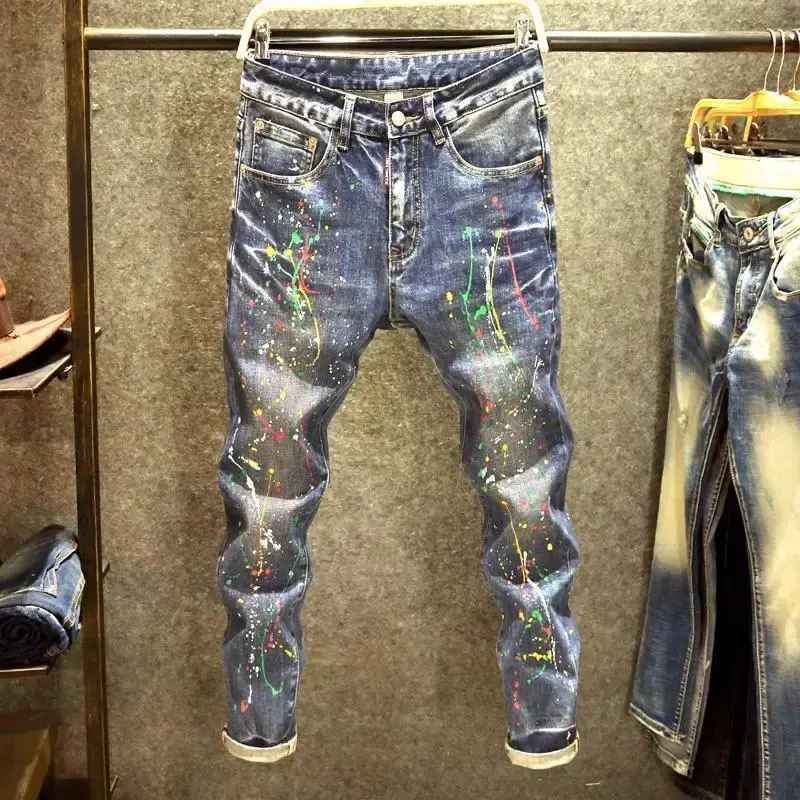 Spring Autumn Designer Clothes Men's Korean Stylish Slim Fit Jeans Fashion Trendy Painted Denim Pants Ink Stretch Skinny Pants