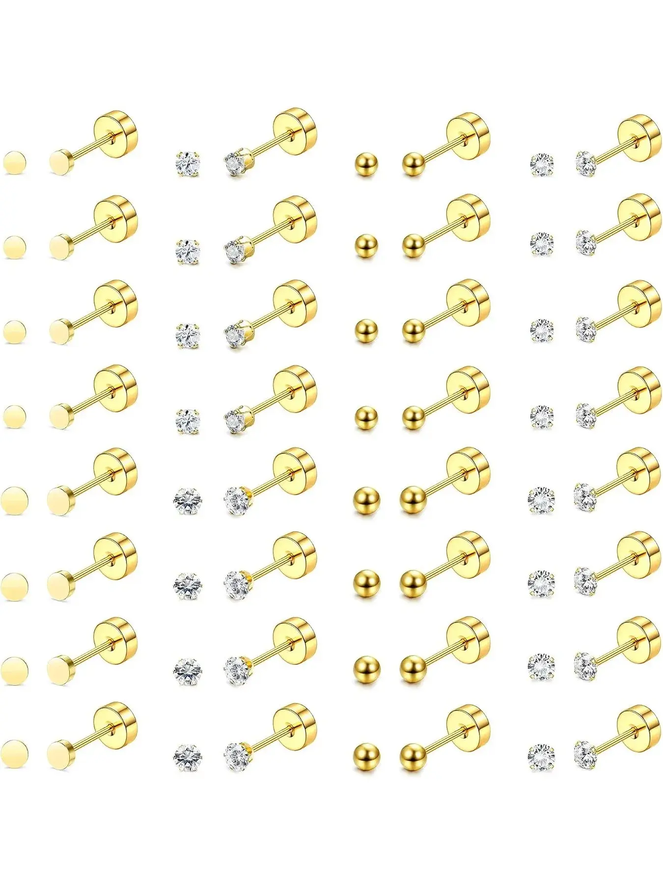 16Pairs Flat Back Earrings for Women Men Tiny Stud Earrings Set Hypoallergenic Surgical Stainless Steel, Flat Back Studs, 2mm 3mm CZ/Flat/Ball Stud Earrings, Cartilage Tragus Helix Piercing