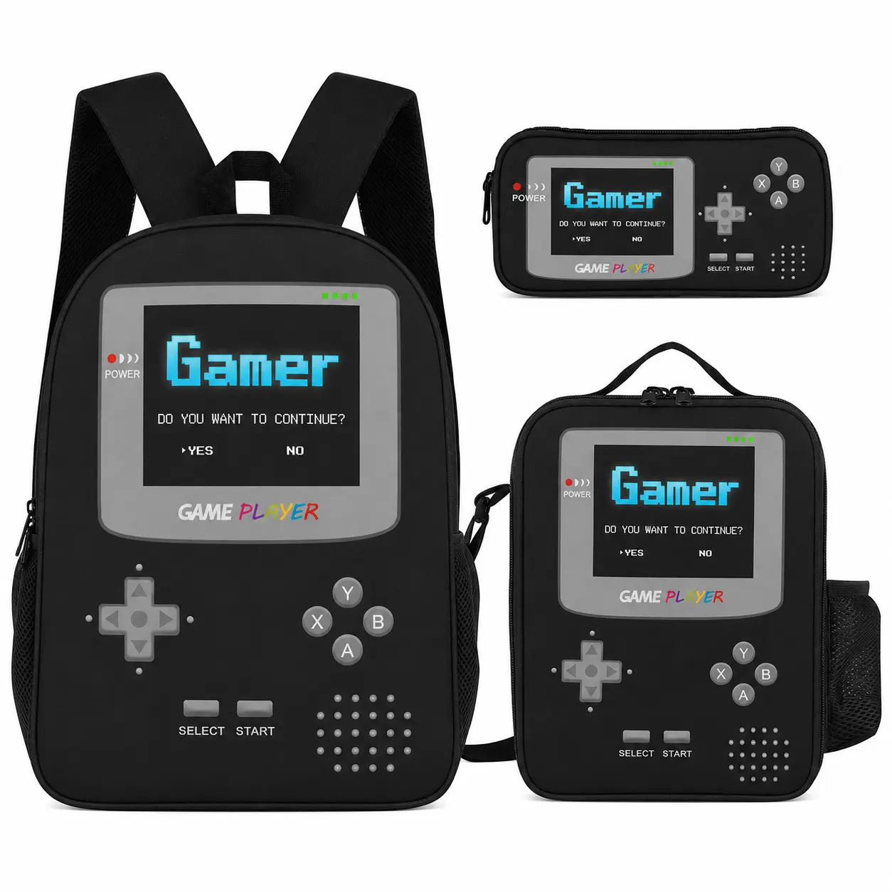 3 Piece  Retro Handheld Game Console Print Backpack Set with Matching Lunch Bag and Pencil Case for Boys Teens, Colorful Gaming Themed Daily School Bookbag Combo