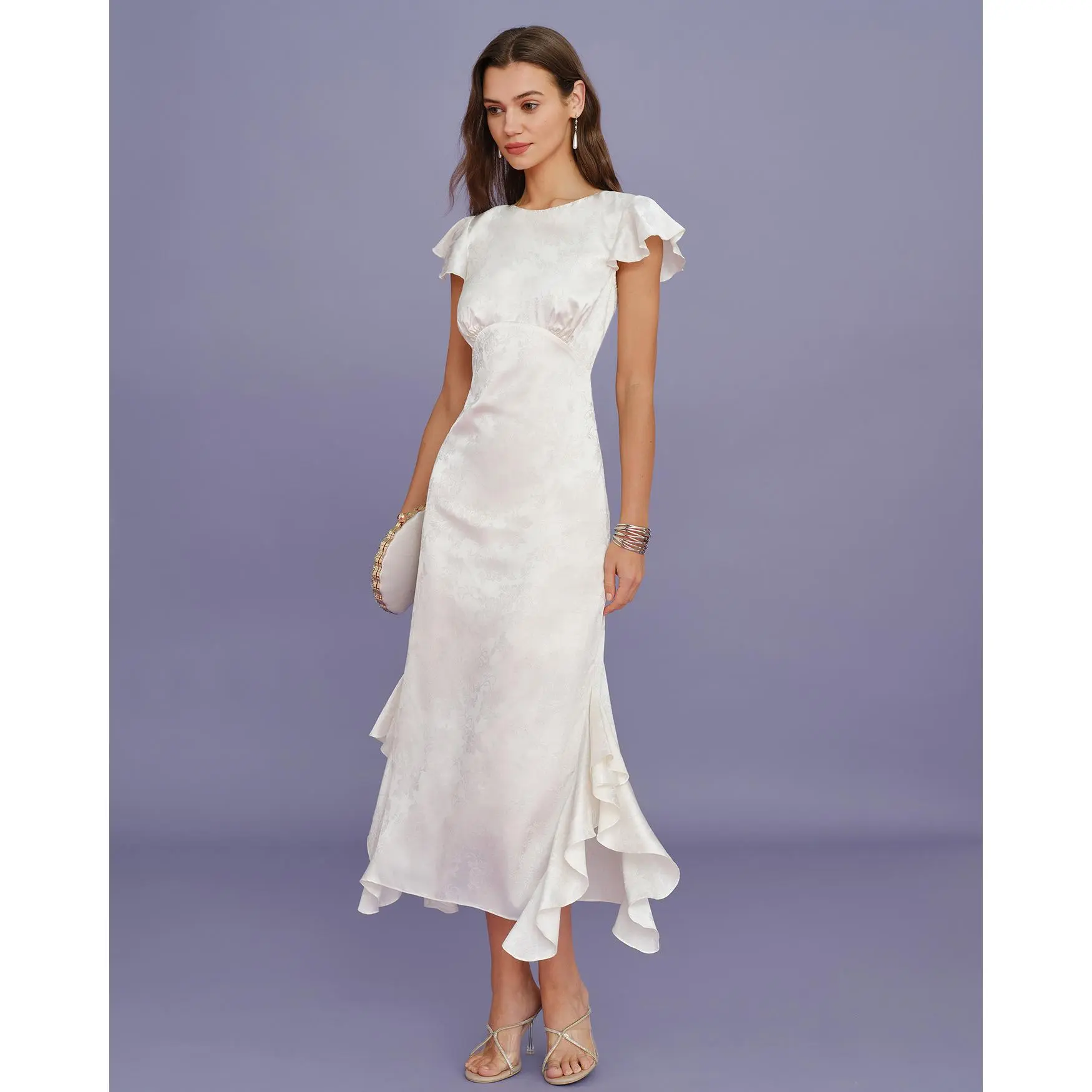 Beige Boat Neck Jacquard Ruffle Midi Dress