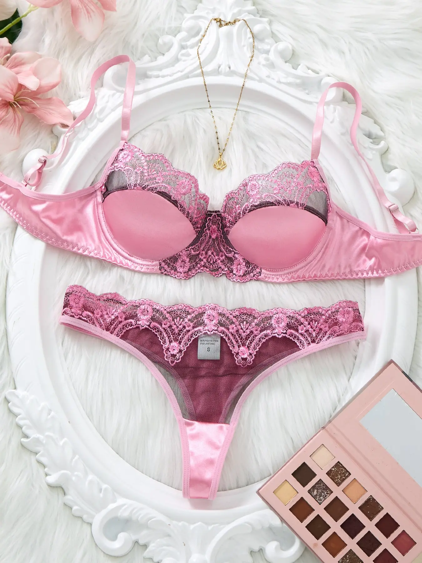 Elegant Satin Lace Bra Set, Embroidered Trim Push-Up Bra, Mesh Sheer Thong Two-Piece Set, Za825289, Women's Underwear Collection, Lingerie Underwear Sets Embroidery