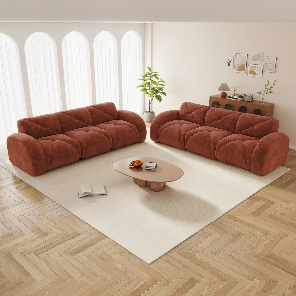 2-Piece Sofa Set Comfy Sofa Couch,  3+3 Seater Sofa Set,Deep Seat Sofa,Soft Velvet Fabric,32D High Density Sponge  Bottom,No Assembly Required, Modern Sofa Set for Living Room,Red Brown