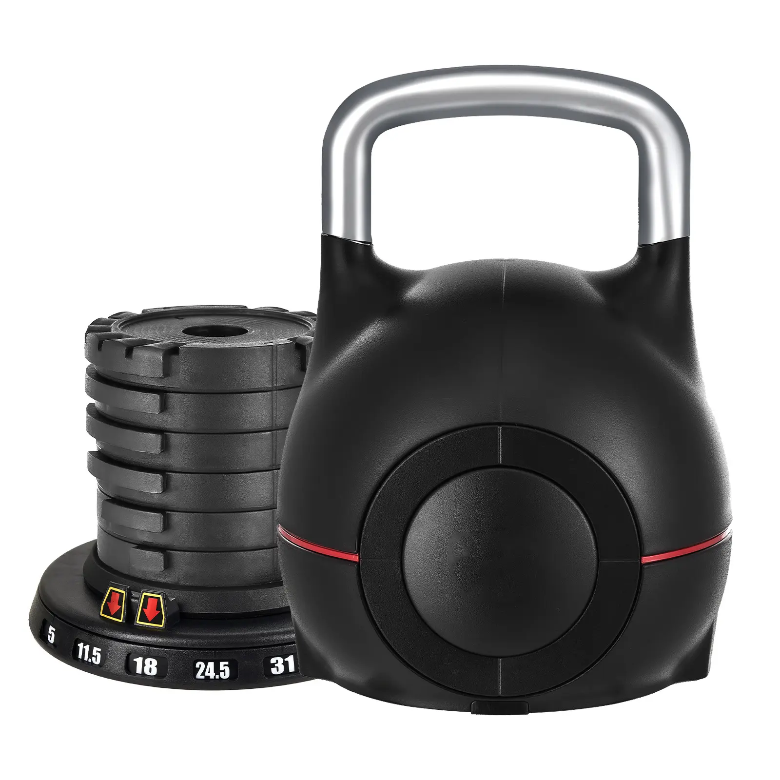 Kettlebell, Adjustable Kettlebell with 7 Weight Levels (5, 11.5, 18, 24.5, 31, 37.5, 44 lbs), Die-Cast Aluminum and ABS Material, for Grip Strength Training, Full-body Workout & Cross-Training