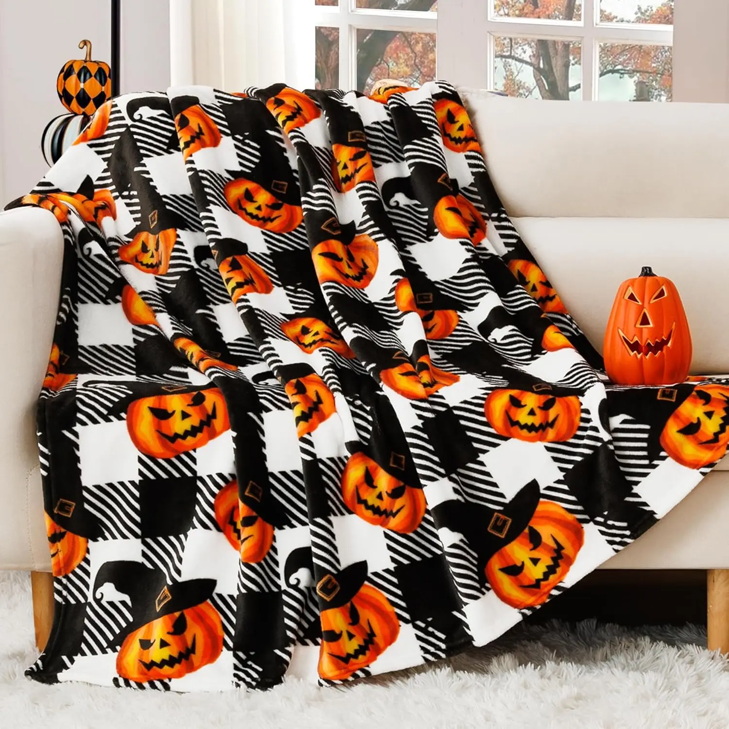 Halloween Blanket, Fleece Throw Blankets, Buffalo Plaid Throw Blanket for Couch Sofa Bed, Soft Warm Fuzzy Cozy Plush Checkered Blanket, Farmhouse Fall Decor