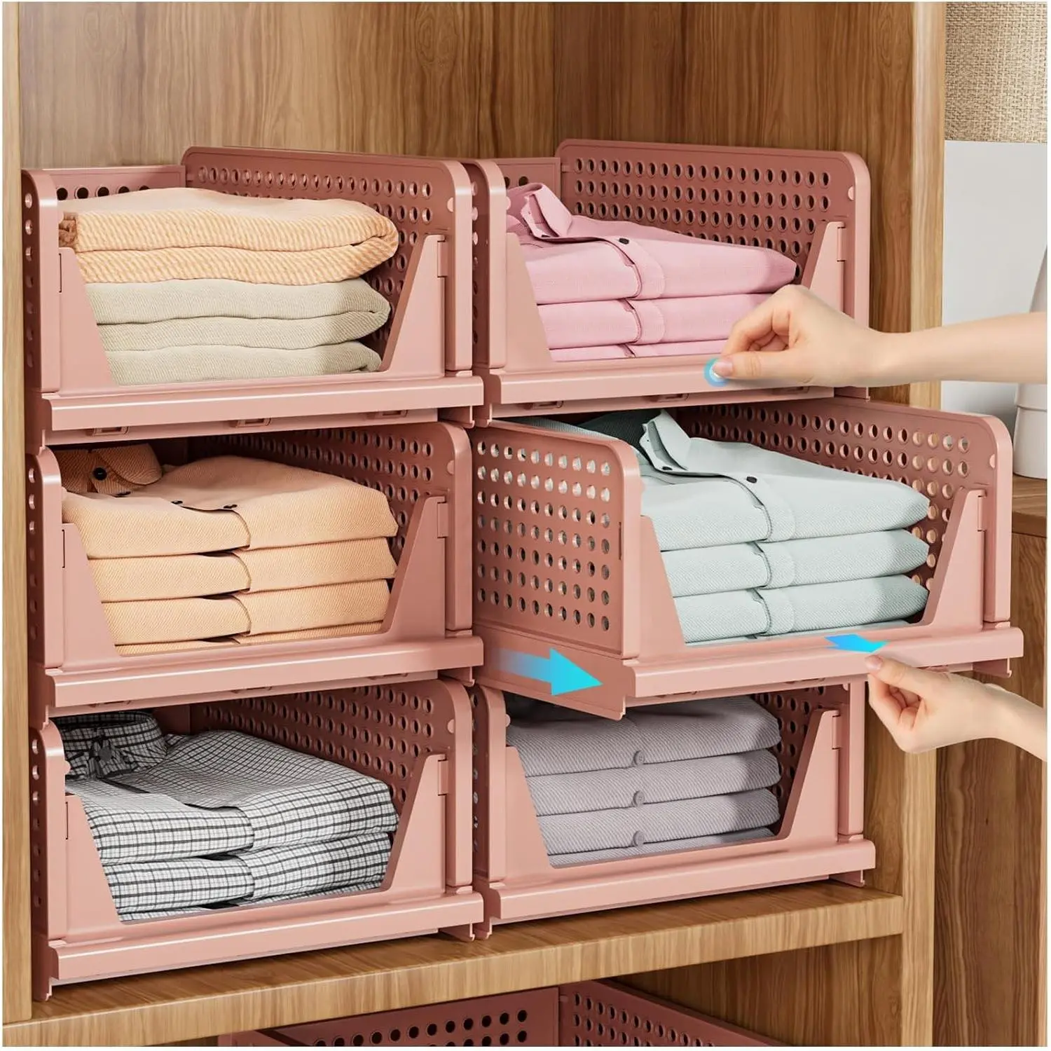 5 Pack Stackable Closet Organizer Box, Multifunctional & Foldable Closet Storage Basket for Bathroom Kitchen Laundry Room Wardrobe Storage, Space-Saving Clothes Storage Drawer Organizer, Pink | Stackable & Foldable Closet Storage Bins for Bathroom La