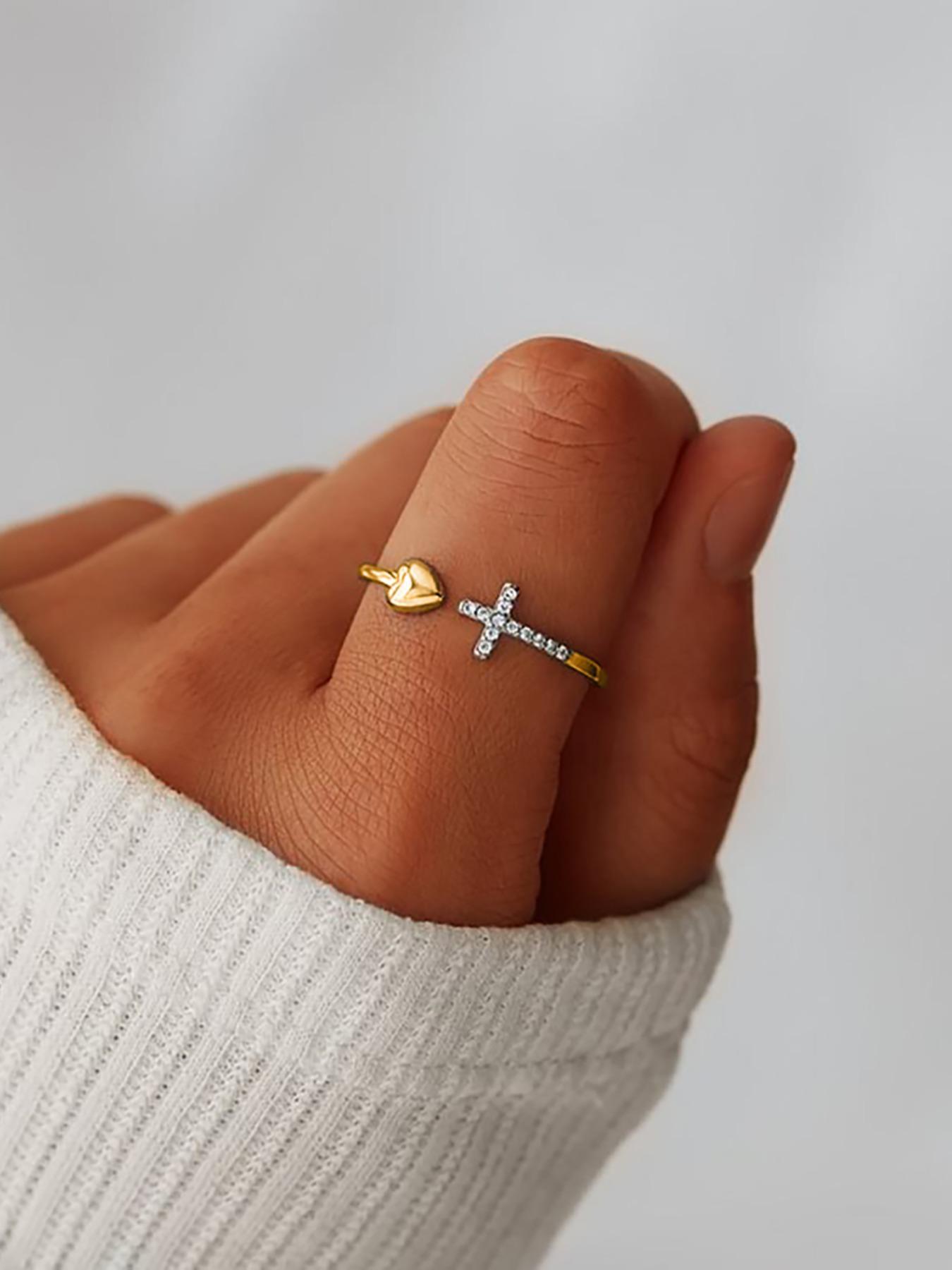 S925 Sterling Silver Cross & Heart Design Cuff Ring, Adjustable Christian Religious Ring, Inspirational Jewelry Gifts for Ladies, Fashion To Enhance Your Faith Purity Ring, Elegant Ring
