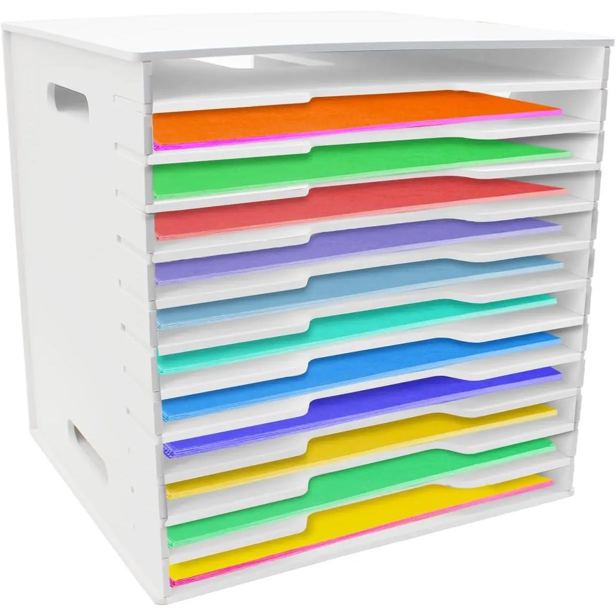 12 Tier Scrapbook Paper Organizer, White Cardstock A4 Paper Sorter Storage Rack, Scrapbook Organizer for Sizes 13" X 13" X 12.2", Suitable for Home Office & Classrooms, White Storage Organizer