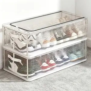 Transparent shoe box storage box, Clear organizer, PVC material, rectangular with steel frame support, equipped with 1/2 foldable transparent window, space saving foldable shoe rack, suitable for home dormitory shoe sorting and under bed storage