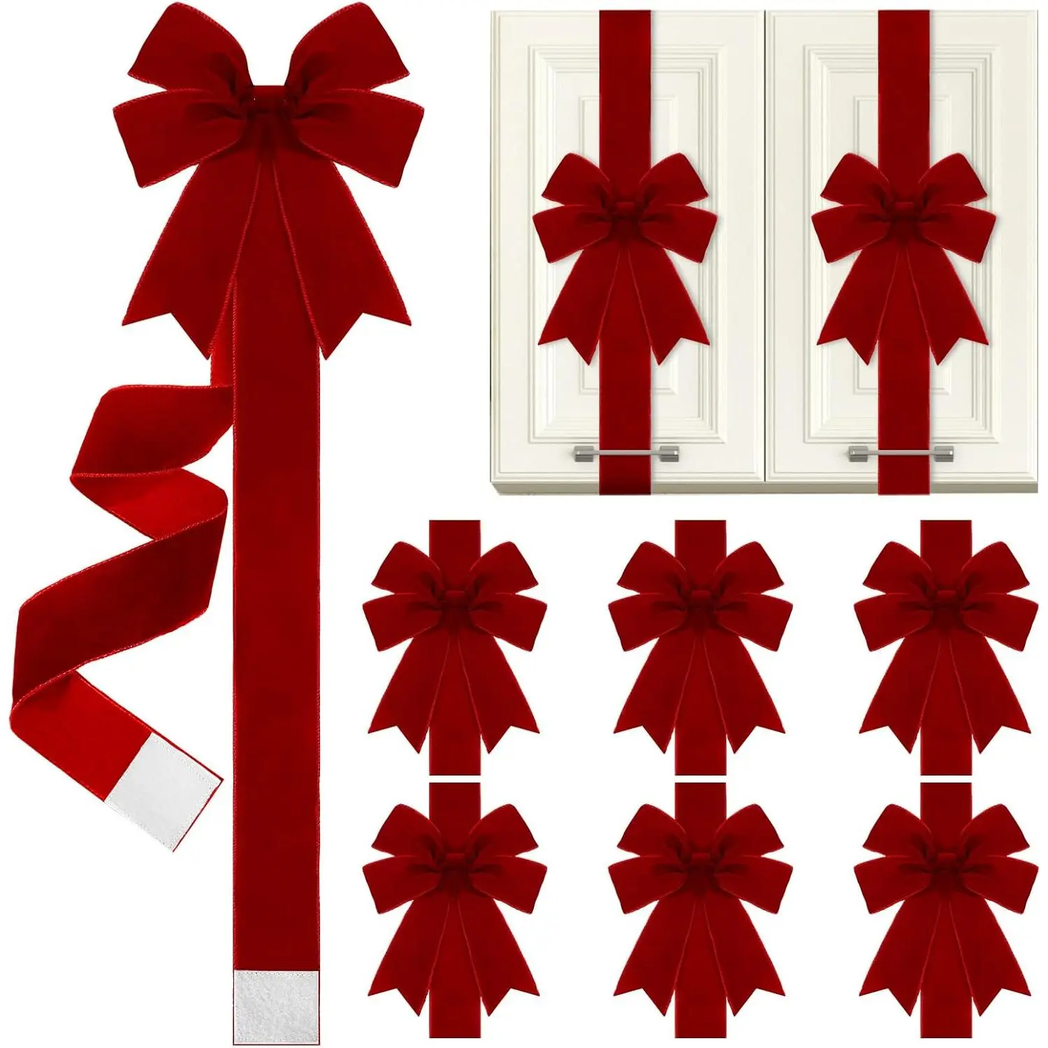 8 Pcs Burgundy Velvet Christmas Cabinet Ribbons Bows for Kitchen 78.7 Inch Large Christmas Door Ribbon Cabinet Bows for Gifts Xmas Tree Home Wall Furniture Party Decorations