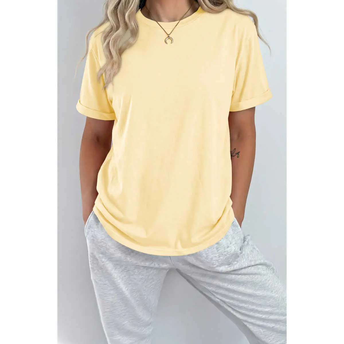 Yellow Cream Casual Plain Crew Neck Tee