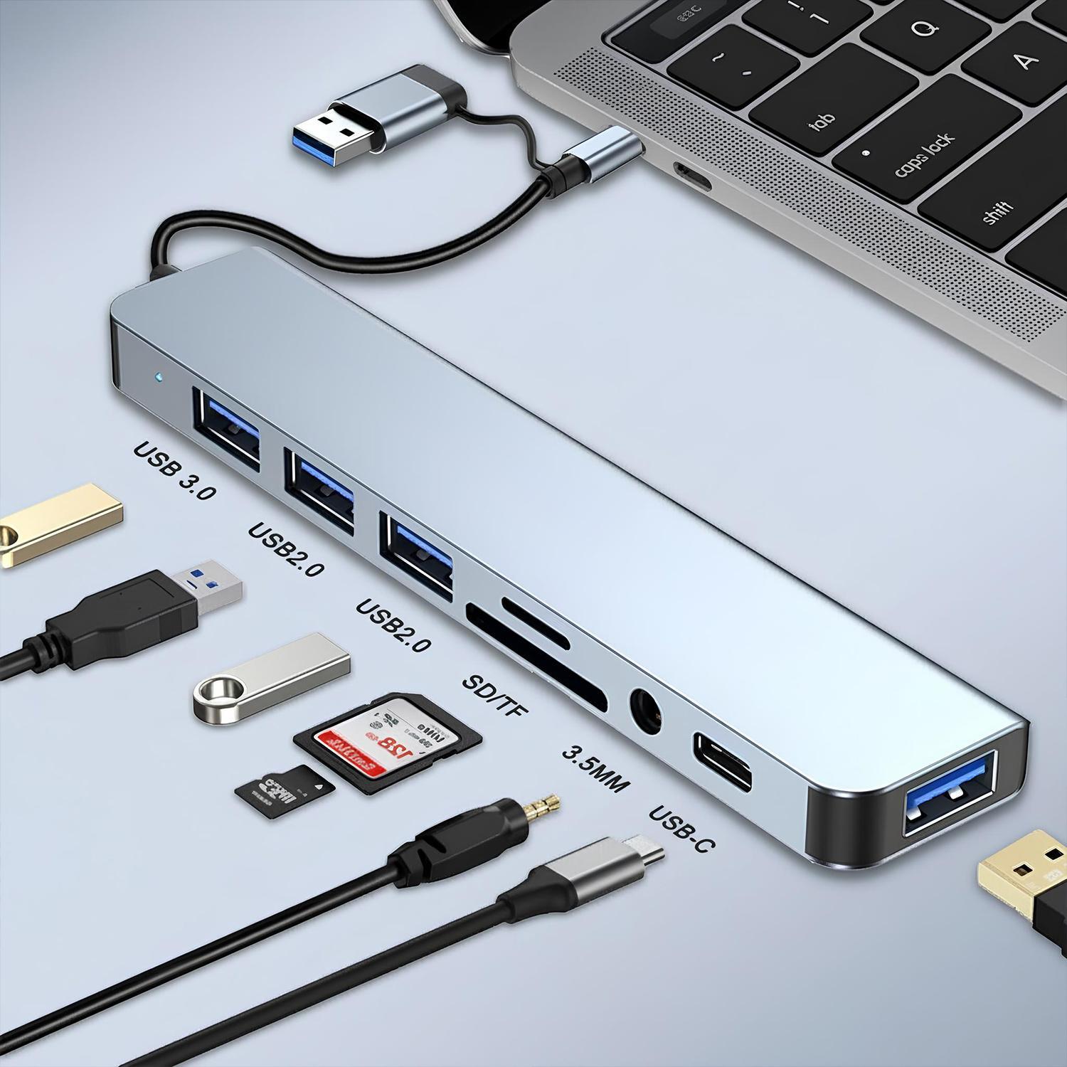 USB Hub USB C Hub USB Splitter 8 in 1 USB Extender with 4 USB Port 1 USBC Port TF/SD Card Reader Audio Output Compatible with MacBook/Pad Pro/Dell/HP Laptop/Phones