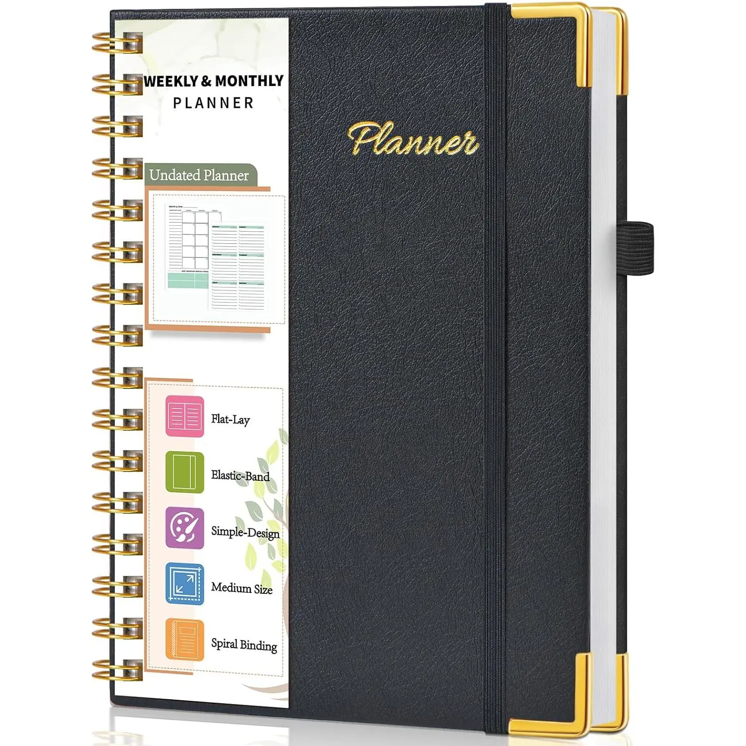 Undated Weekly Planner, Hardcover Leather Weekly & Monthly Calendar Blank Planner,  Notebook with Goal & Habit  Organizer, A5 Daily Planner with Spiral Binding, Ideal for Work School , Black