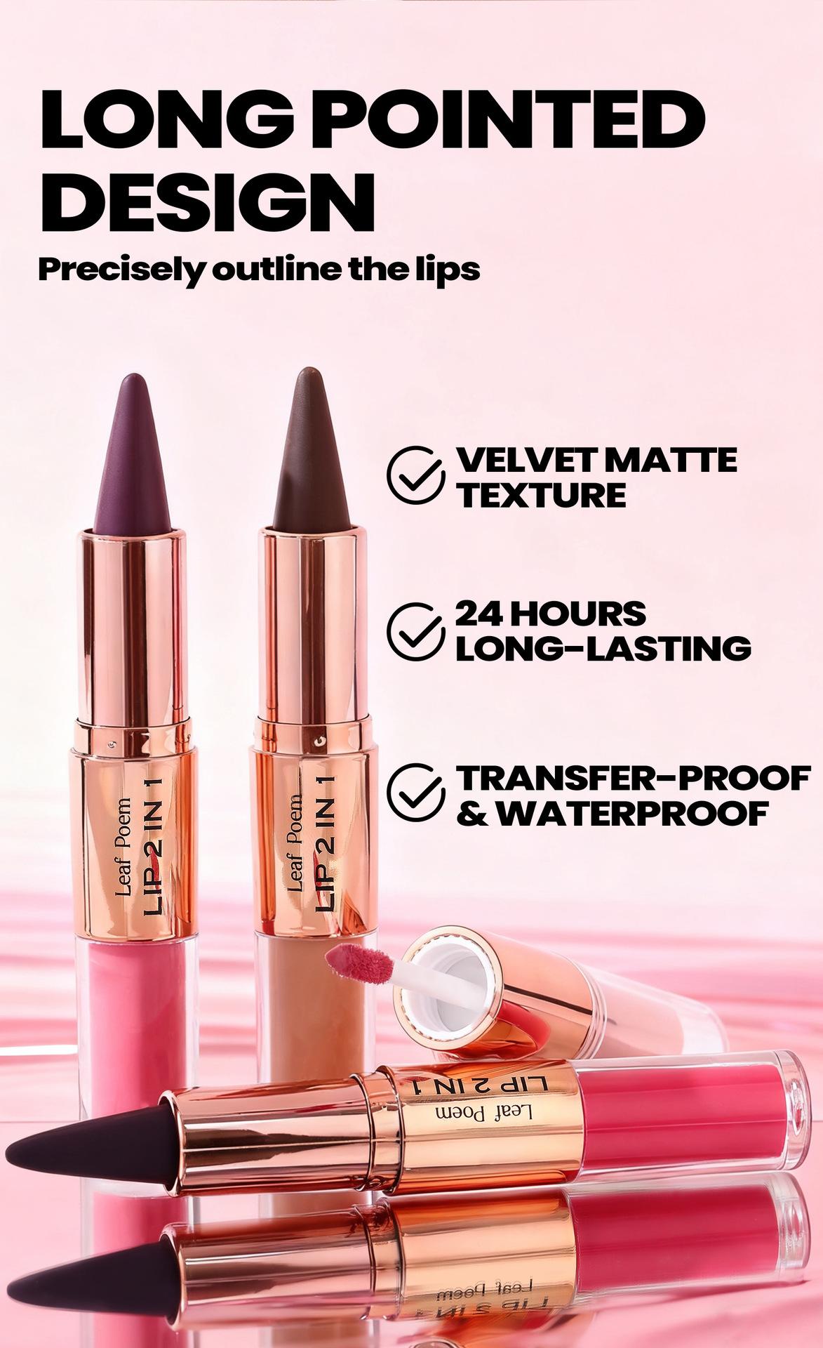 Dual-ended two-in-one lipstick and lip liner, matte non-stick cup non-fading pearlescent lip gloss, long-lasting matte lipstick