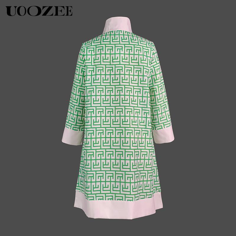 UOOZEE Women's Multicolor Geometric & Printed Lapel Three-Quarter Sleeve Buttoned Collared Mini Dress Casual Summer Shirt Style Stylish Design, No Stretch Daily Multi-Occasion Wear Shirt Mini Dress