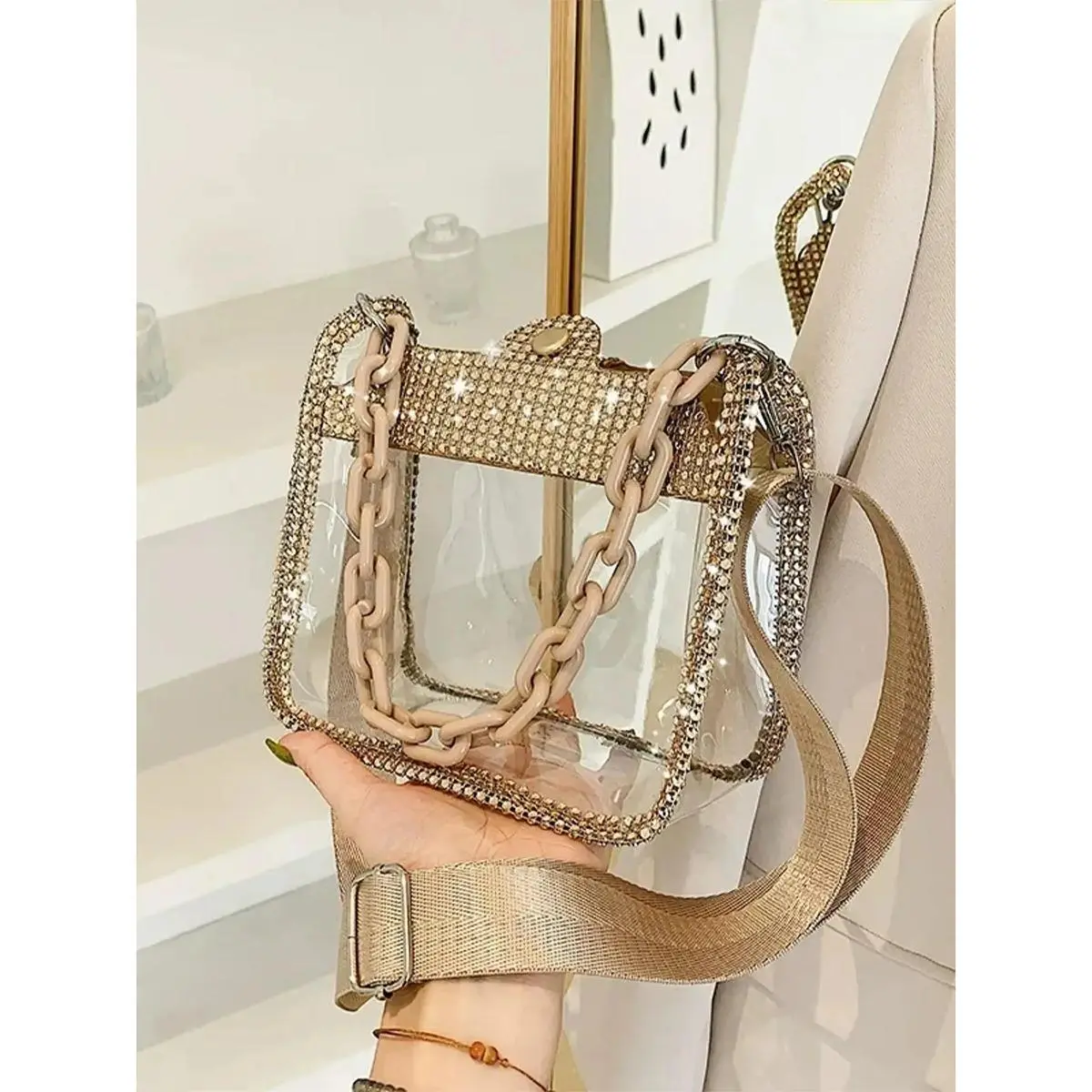 Women's Stadium Approved Clear PVC Crossbody Bag, Transparent Mini Purse with Diamond Chain Strap for Concerts & Casual Daily Wear Embellished Shoulder Bag