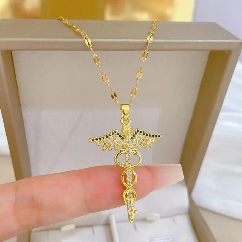 Caduceus Medical Symbol Pendant Necklace, Fashion Stainless Steel Rotating Chain Jewelry with Zircon for Doctors and Nurses, Party Wear