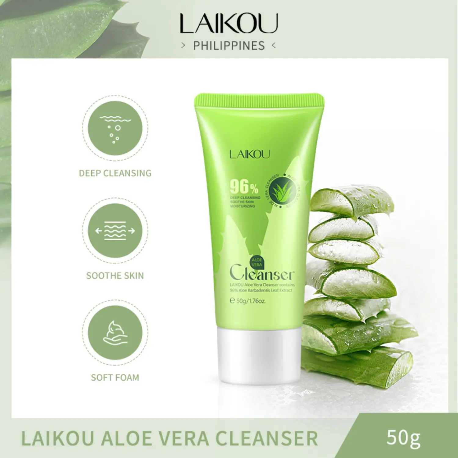 Aloe Vera Face Wash Cleanser 50g, Hydrating and Moisturizing, Cleanses Pores, Gentle Exfoliation, Ideal for Daily Use, Natural Ingredients