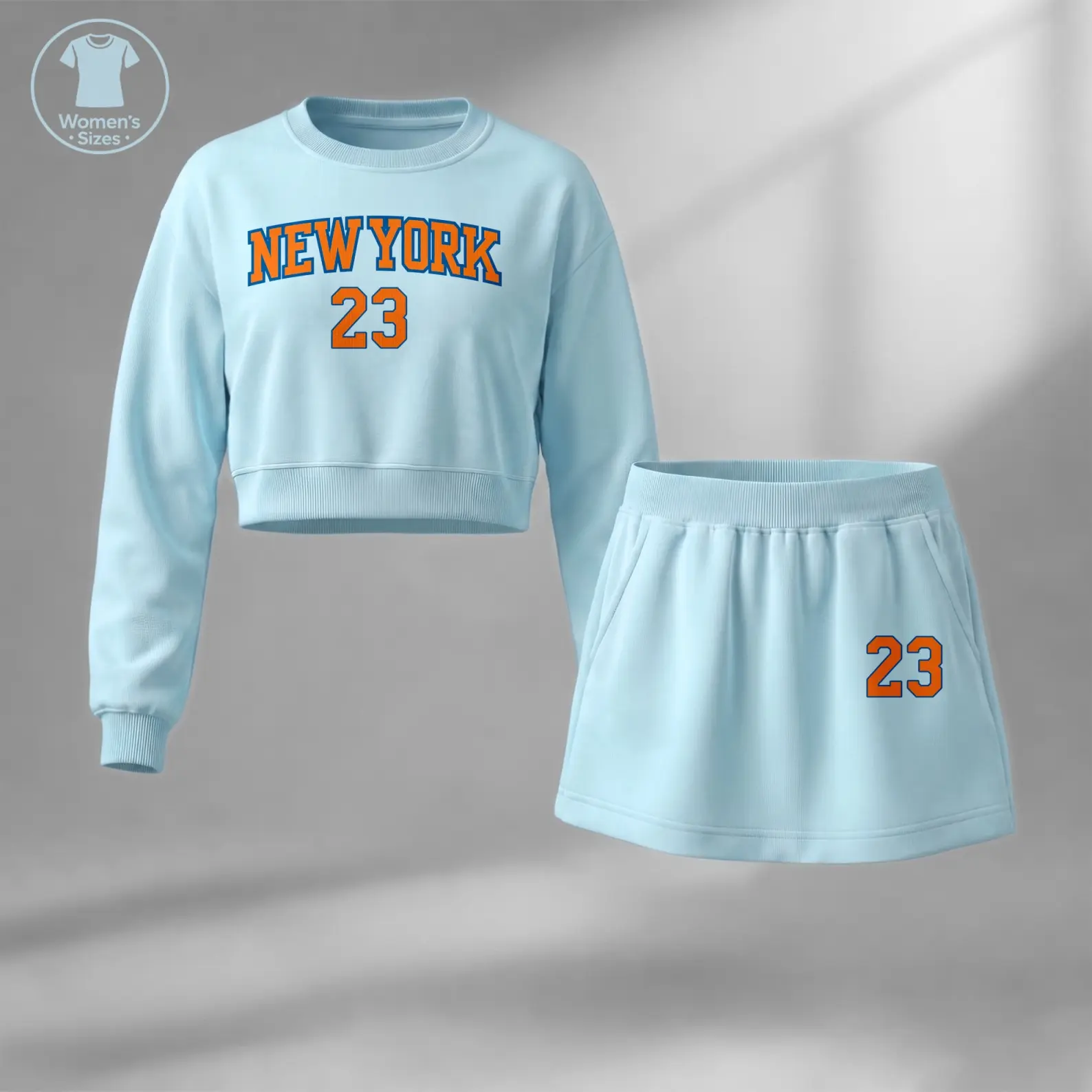 Women’s New York 23 Printed Crop Sweatshirt and Mini Skirt Set, Vintage Basketball Inspired Graphic Design with Bold Number Detail, Stylish Matching Two Piece Outfit for Casual Streetwear, Travel, Shopping and Trendy Fall Fashion
