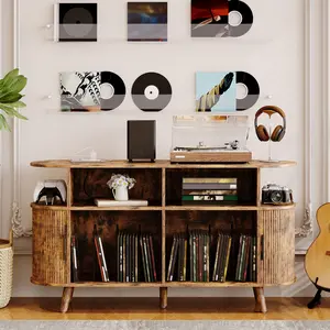 55'' Fluted Record Player Stand, Wooden Turntable Console Table with Charging Station & Vinyl Storage, Record Player Table for Bedroom Living Room