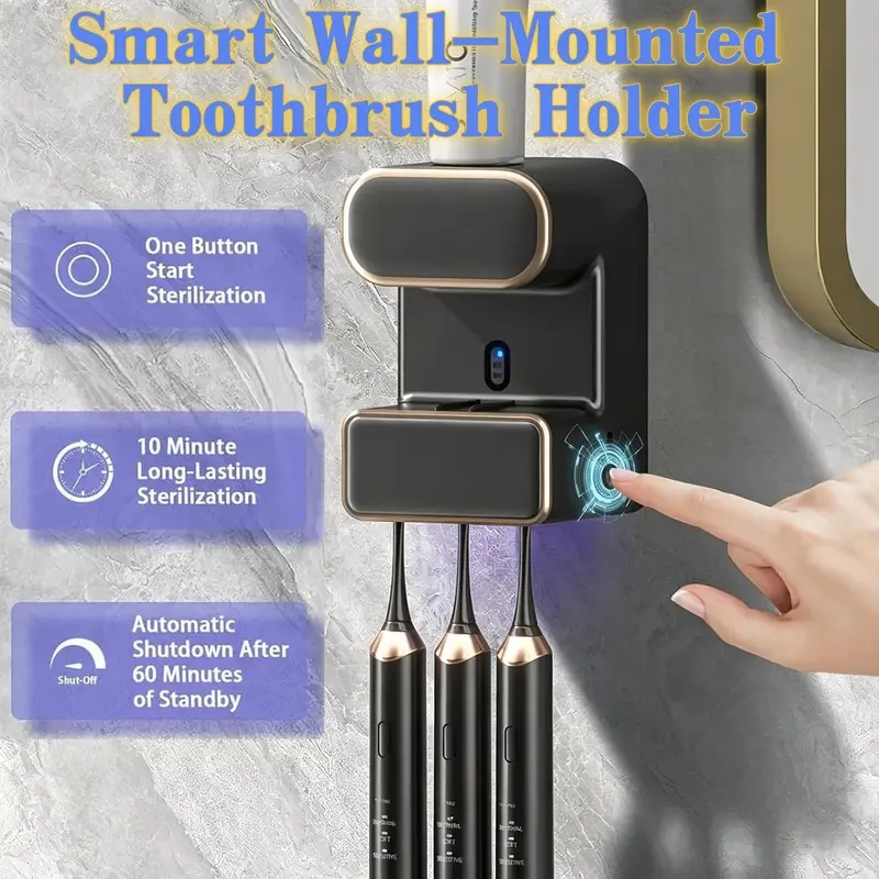 Wall-mounted automatic toothpaste squeezer with UV sterilizing toothbrush holder, all-in-one storage. Drill-free mount saves counter space, UV keeps toiletries clean. Multi-functional bathroom organizer, practical home essential.