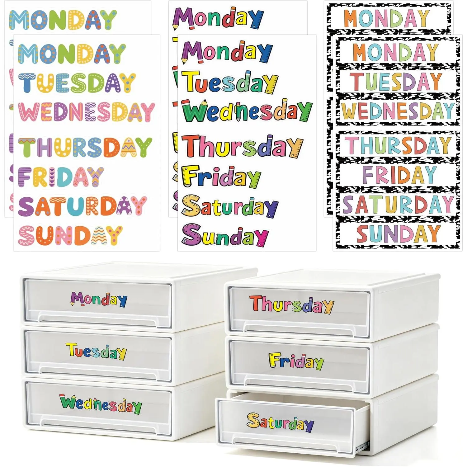 42 count Days of The Week Stickers for Drawers and Clothes Organizer | Plastic,Colorful,Monday Through Sunday Labels,Day Labels for Organizer Planner Whiteboard  Teacher Classroom