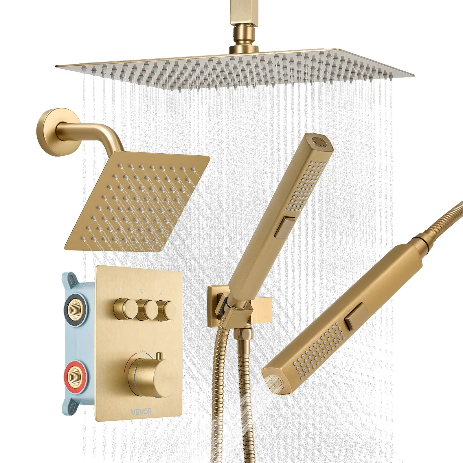 【DealsForYouDays】VEVOR Thermostatic Shower System, Brass Trim Faucet Set with Brass Valve, 12in Ceiling-Mount Rain Head Set, 6in Wall-Mounted Head, 2-in-1 Handheld Spray, 3-Function Multi-Flow NPT 1/2" Thermostatic Kit
