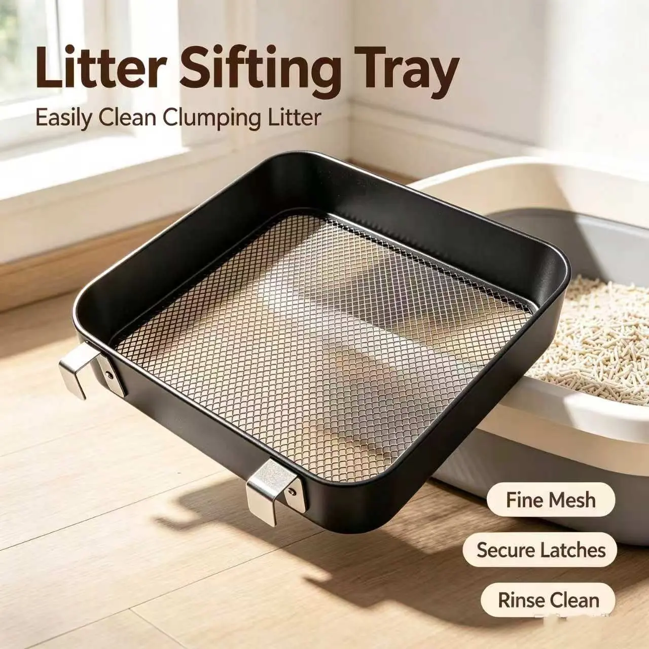 Full Metal Cat Litter Filter Tray, Litter Sifter Dust Sieve for Home Use, Essential Cat Cleaning Tool, Innovative Scoop Holder Accessory