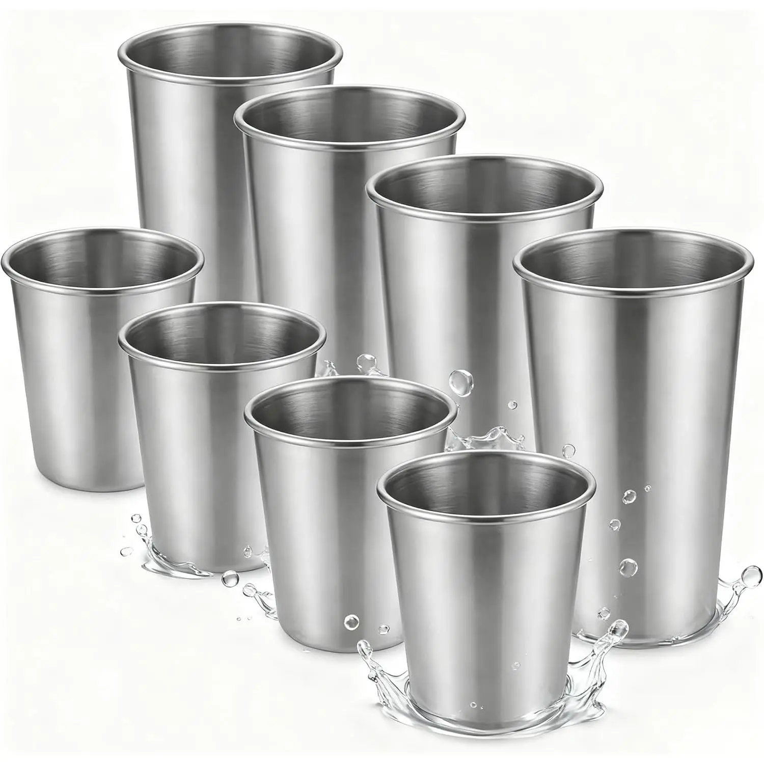 Stainless Steel Cups & Pint Tumblers Set of 8 - 4 Pack 8 oz + 4 Pack 16 oz Stackable, BPA Free Unbreakable 304 Metal Drinking Glasses for Children & Adults, Indoor Outdoor Picnic Travel Camping