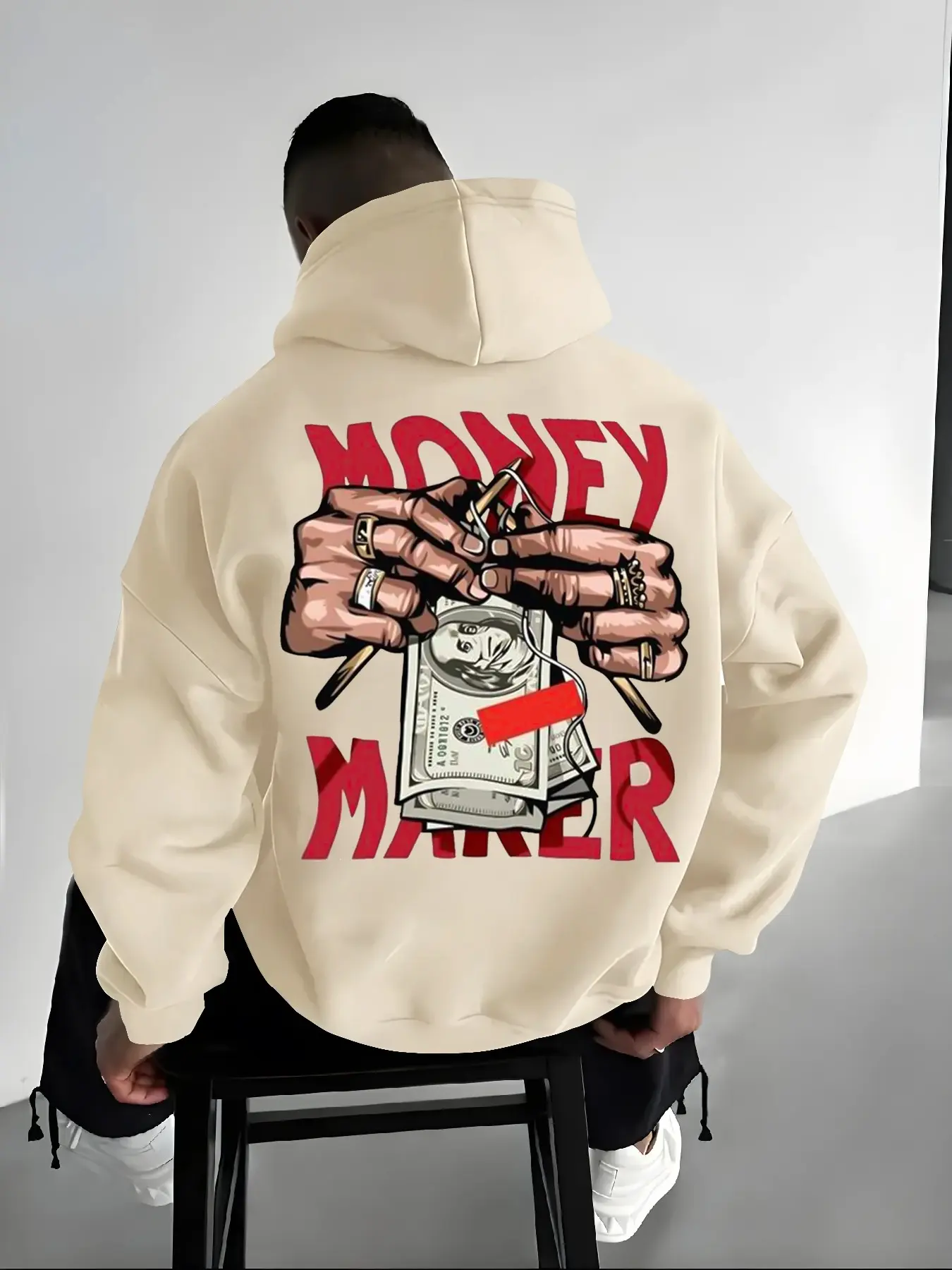 American Street Style Money Maker Sweatshirt, Hand-Drawn Bill Print, Loose Fit, Fall & Winter, Retro Fashion Hoodie for Men