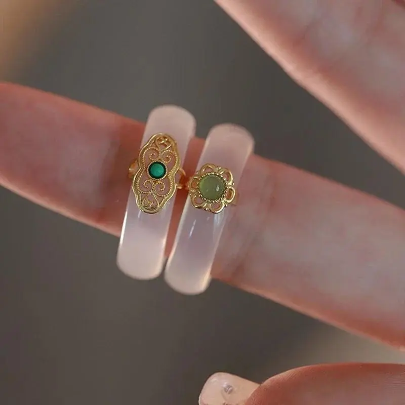 Natural High-ice White Chalcedony Ring Retro Imitation Jade Ring Fashion Delicate Stone Jewellery Hanfu Matching Hand Ornaments