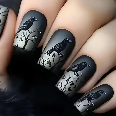 Short Dark Halloween Raven Fake Nails Set, 24pcs Detachable Wearable Nail Art, Cool Tree Design, Easy Daily Party Holiday Use, Decorative Nails