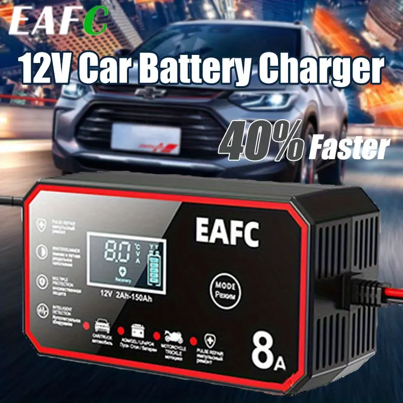 EAFC 12V 6A Smart Battery Charger with LCD Display & Temperature Compensation, 12v 6a output Automotive Maintainer Desulfator for Cars/Motorbikes, Overcharge/Short Circuit Protection, Car Emergency Kit Component