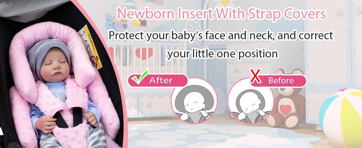 Infant Car Seat Head Support with Extra Shoulder Covers Thickened Breathable Carseat Cushion for Baby Newborn Stroller Swing Insert