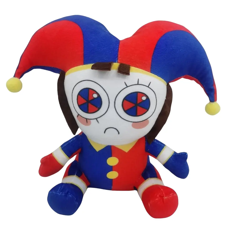 Cute Split Red Blue Jester Clown Plush Doll, Color Block Circus Stuffed Toy with Big Round Eyes, Soft Fluffy Cartoon Sitting Plushie, Carnival Decor Gift for Kids & Game Fans
